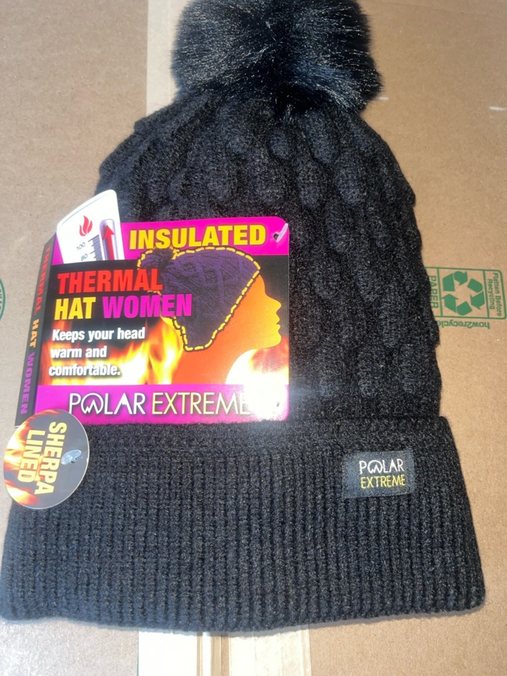 Polar Extreme Women's Insulated Black Pom Beanie - Thermal Sherpa Lined